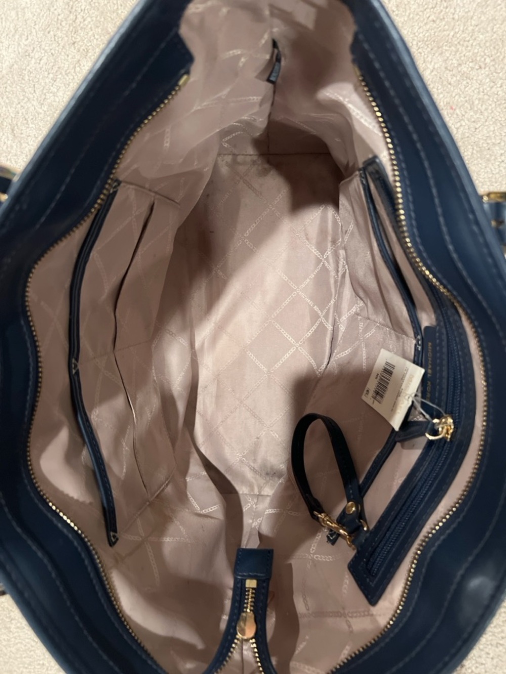 Michael Kors Aria LG Tote Bag Navy Signature MK Monogram Large Shoulder Bag - Picture 12 of 12